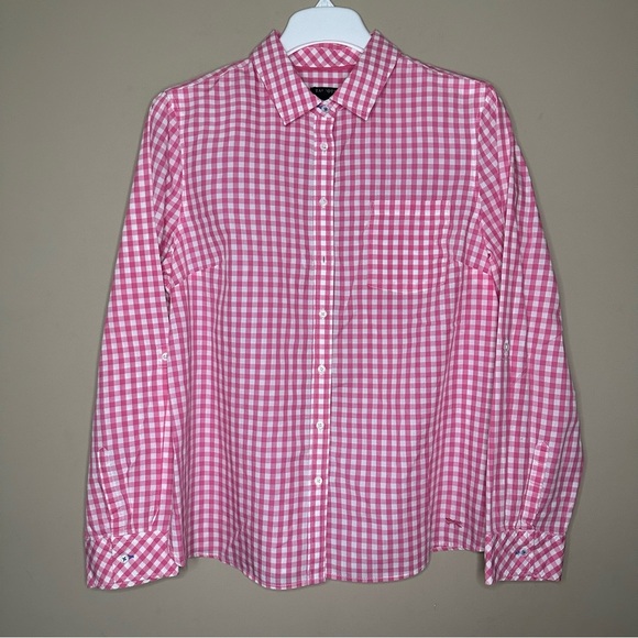 Talbots Women 14 Petite Pink White Button Shirt Gingham Plaid Western Preppy - Picture 1 of 7